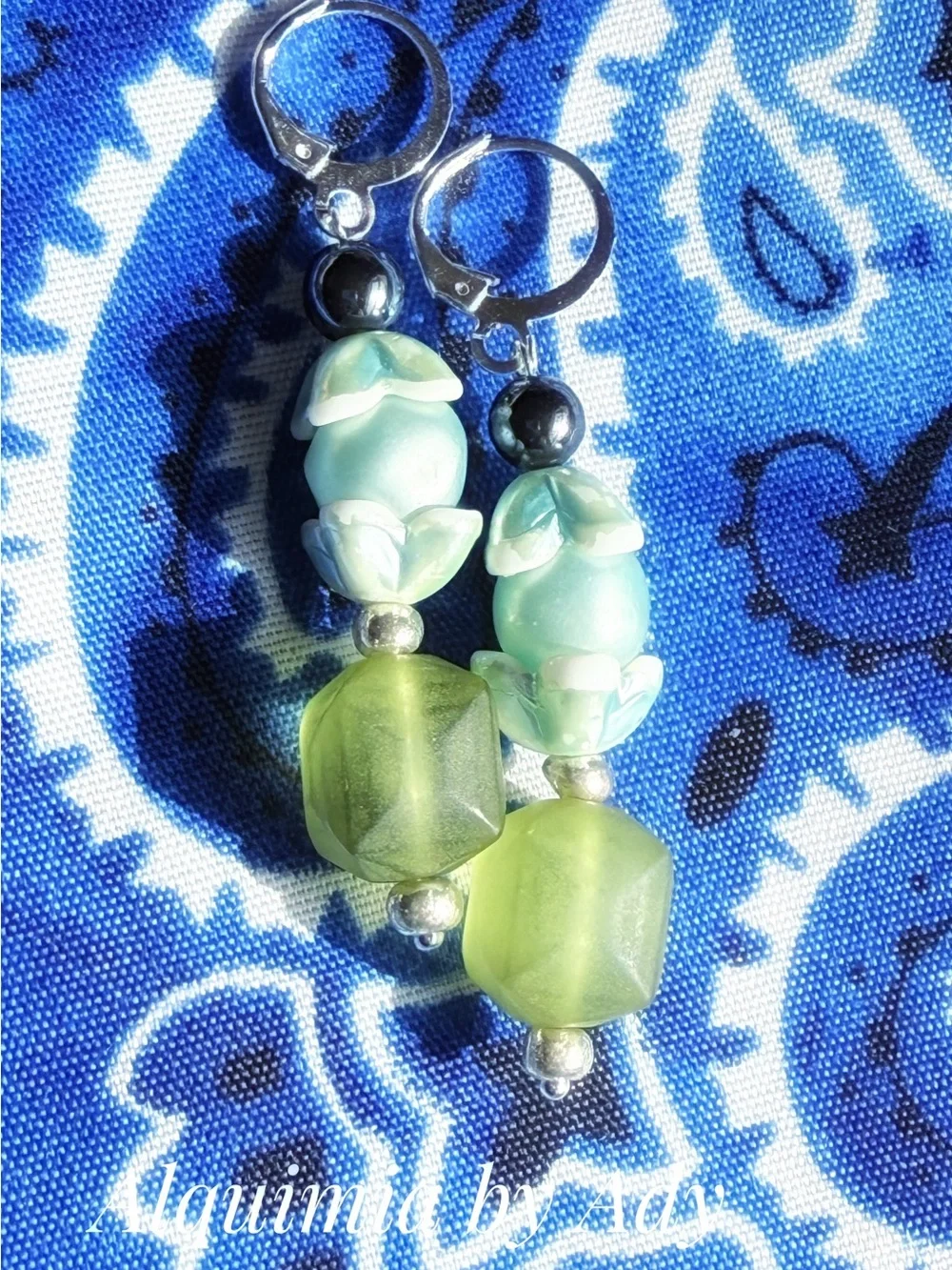 HEMATITE Light Green and Aqua Beaded Drop Earrings